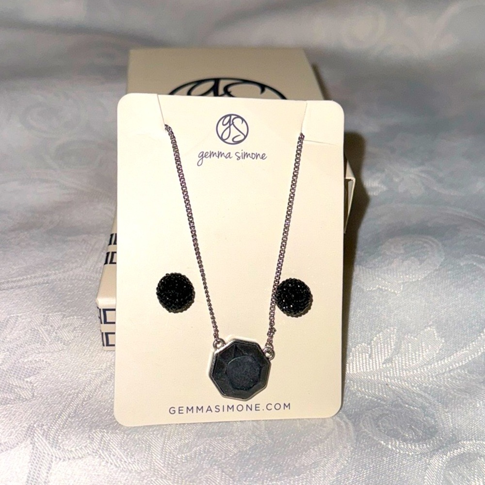 Gemma Simone Silver Necklace + Black Earrings